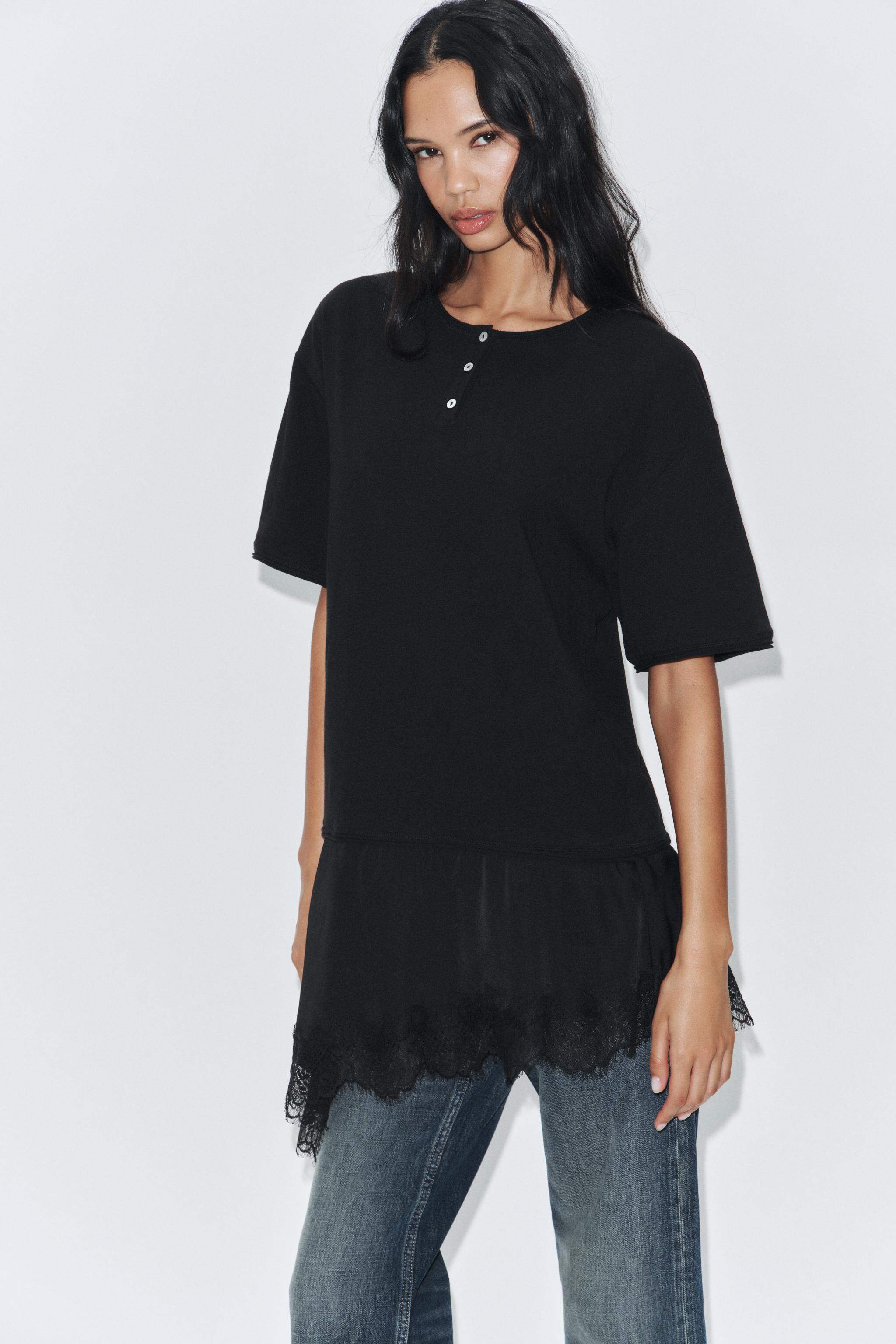T-SHIRT EN MATIÈRES VARIÉES ET DENTELLE À COL TUNISIEN